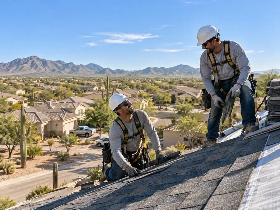 A roofing crew on a job