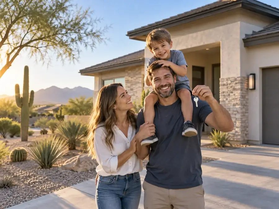 A family in front of their home